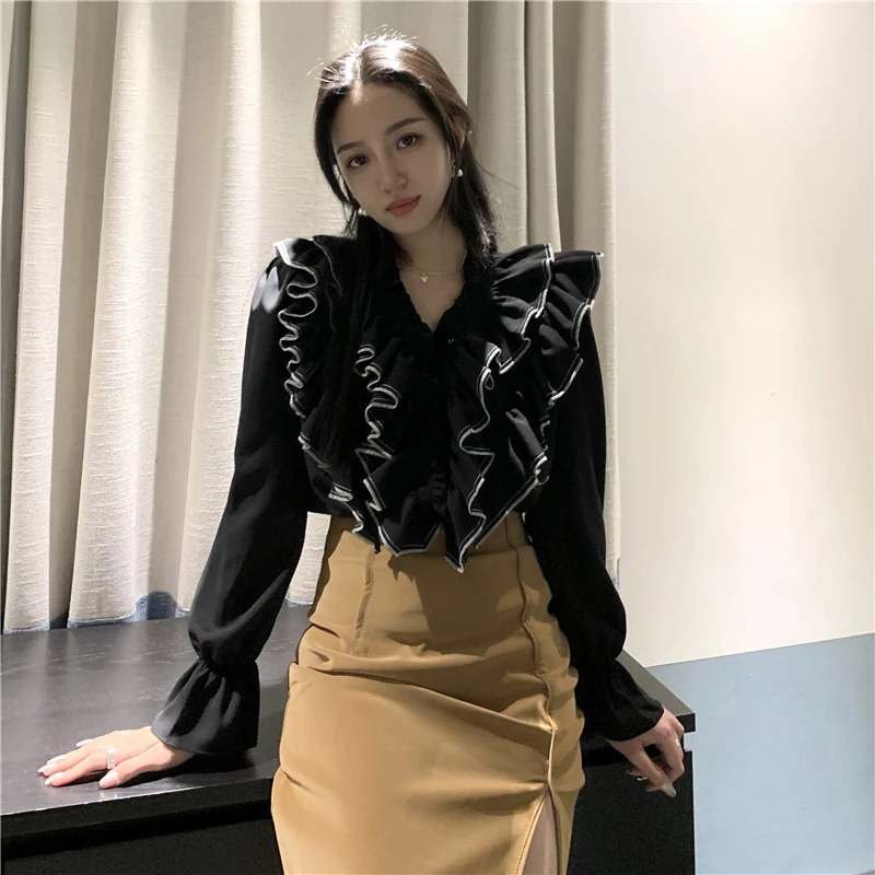 

Casual Women Shirt Ruffled V-Neck Office Lady Chiffon Blouse Shirt Elegant Streetwear Female Tops Spring Blusa