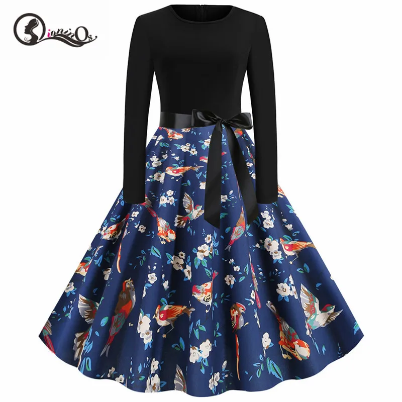 Черное винтажное рождественское платье с большим принтом Женское зимнее