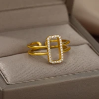 simple rectangle shape zircon color rings for women stainless steel adjustable finger ring jewelry gift bijoux femme 2022