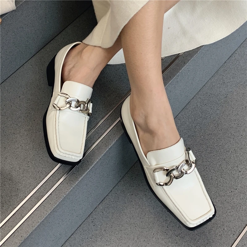 

VERCONAS Genuine Leather Concise Casual Women Pumps Square Toe Comfortable Low Heels Shoes Woman Spring Office Lady Metal Chain