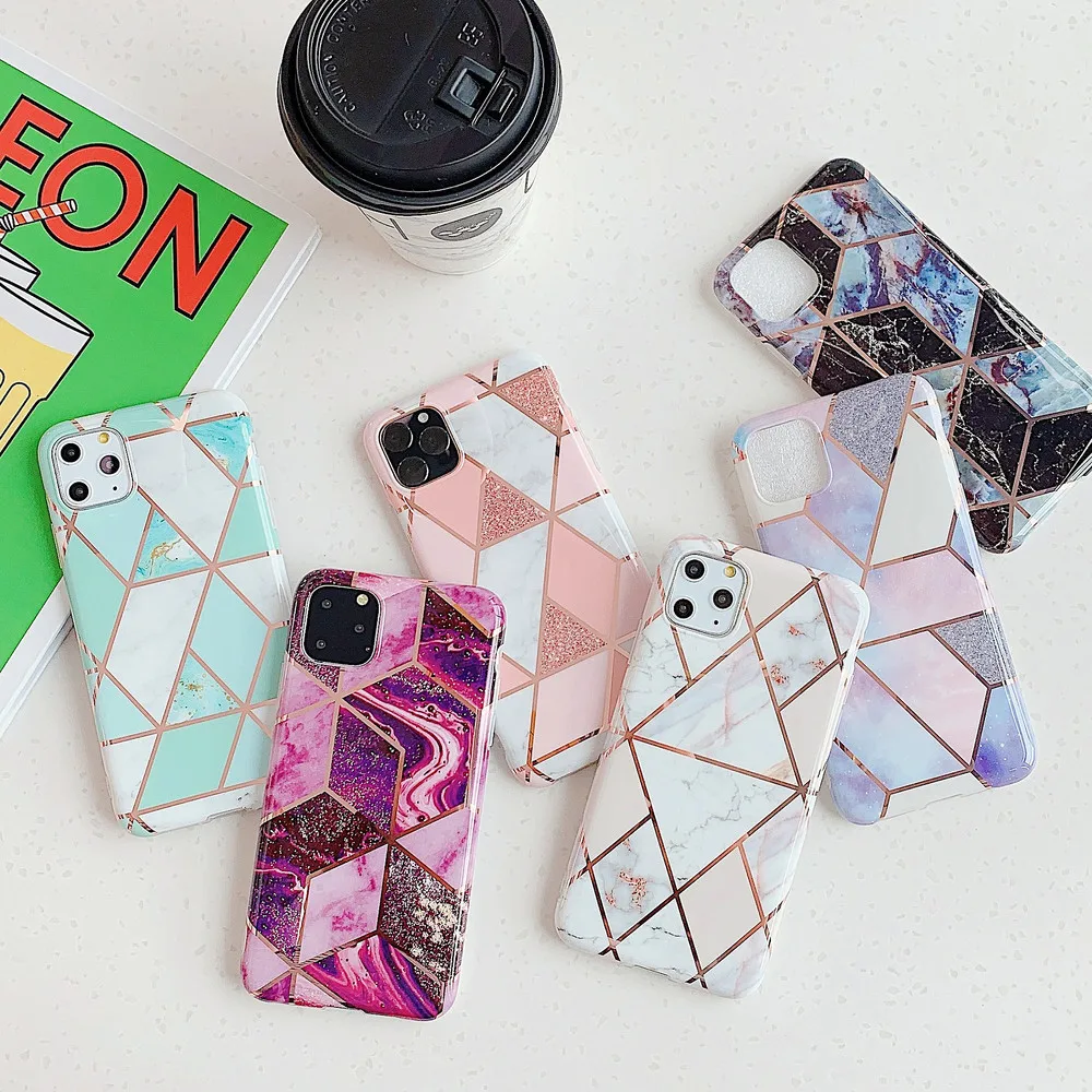 

Marble Phone Case for iPhone 12 11 Pro Max XS XR SE 2020 6s 7 8 Plus Soft IMD Plating Rhombus Glossy Slim Fit Protect Back Cover
