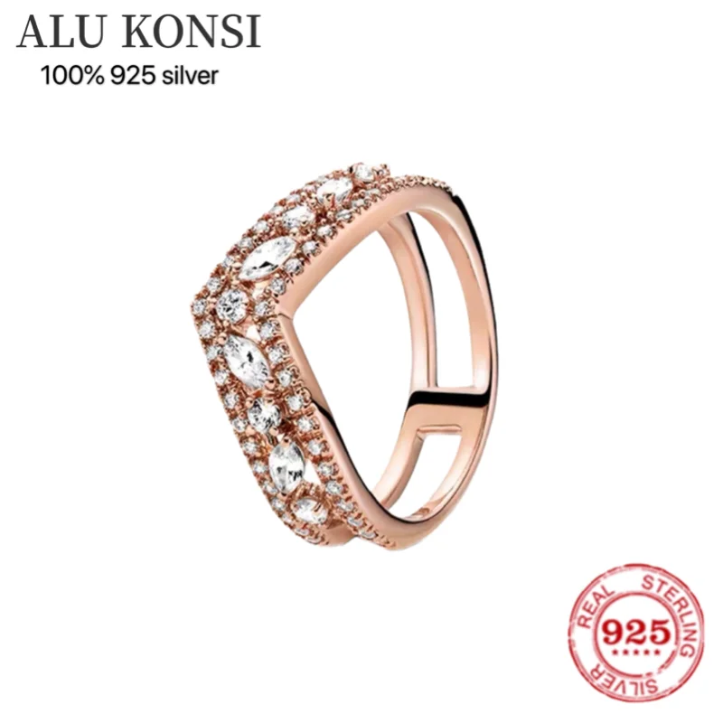 

NEW Fit Original luxury Real 925 Sterling Silver pan ring For Women Rose gold crystal couple rings DIY fashion wedding Jewelry