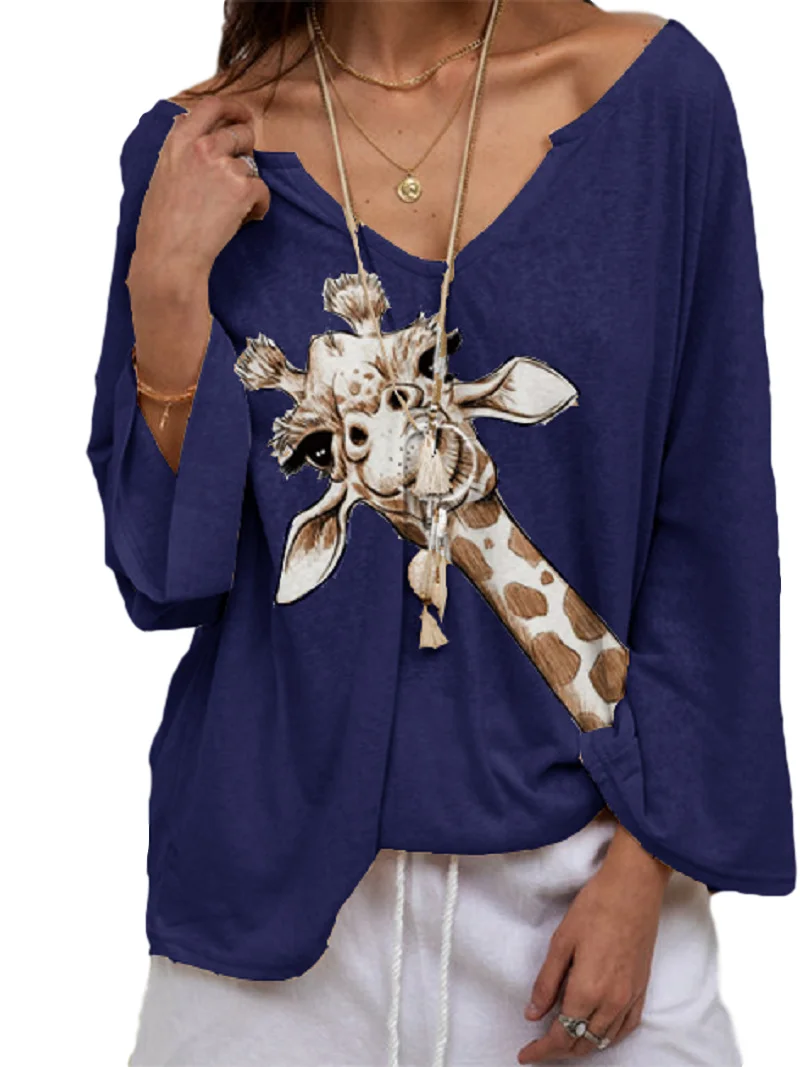 

Giraffe Print Casual Women Autumn Long Sleeve Tshirt V Neck Loose Harajuku Tee Shirt Femme Korean Clothing Y1188A
