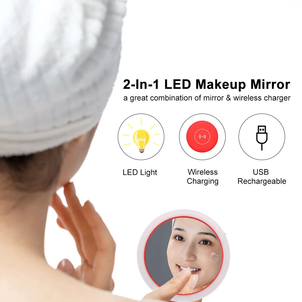 2-в-1 зеркало с подсветкой светодиодный портативное для макияжа Беспроводной