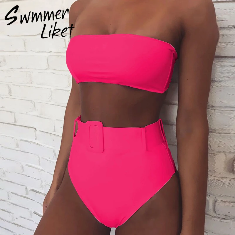 Бразильский купальник с высокой талией неоновое бикини 2020 поясом женский