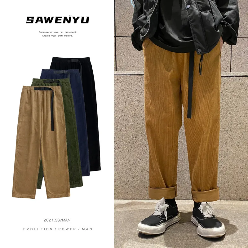 

Cotton Belt Corduroy Pants Men Fashion Retro Multicolor Casual Pants Men Streetwear Loose Hip-hop Straight Pants Mens Trousers