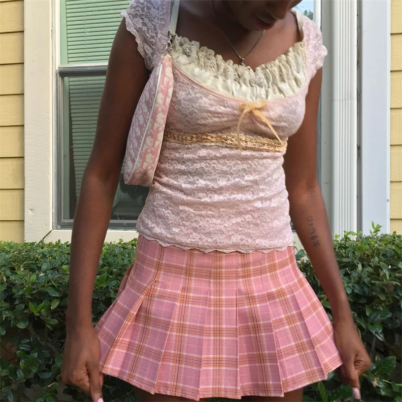 

Hirigin Fairy Grunge Kawaii кружевные кроп-топы, футболки, лоскутный квадратный воротник, короткий рукав, тонкие милые футболки с бантом, винтажная улич...