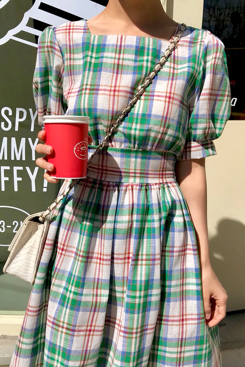 

YAMDI plaid dresses woman short sleeve elegant party slim high waist summer midi dress women 2020 new korean a-line vintage lady
