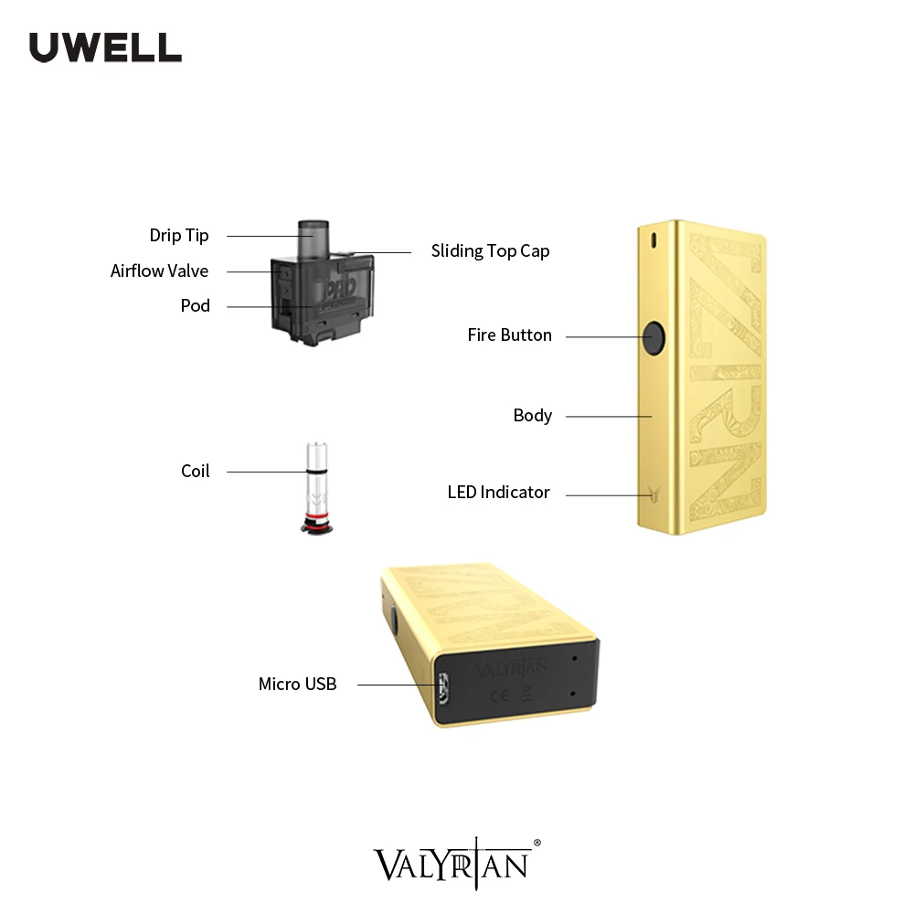 

UWELL Valyrian Pod System Battery 25 W 3 ml Capacity with 1250 mAh E-cigarette Vape kit
