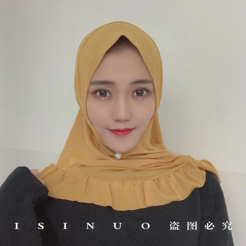 

Fashion Muslim One Piece Amira Instant Hijab With Lotus Ruffled Ready to Wear Soft Fabric Headscarf Pull on Headwear