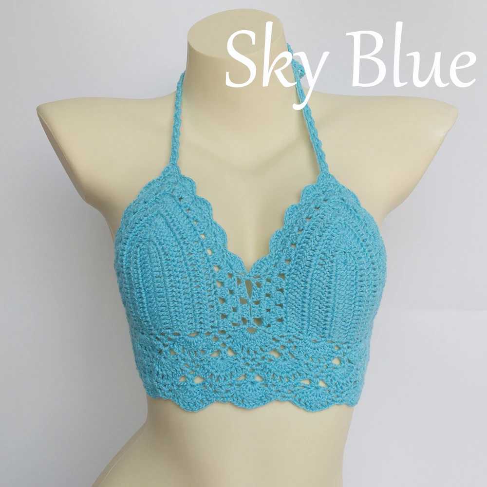 10 Colors Have Lining Womens Bikini Top Sexy Crochet Knit Separate Female Swimsuit Push Up Bra Beachwear Plus Size Bathing Suits - Цвет: sky blue top