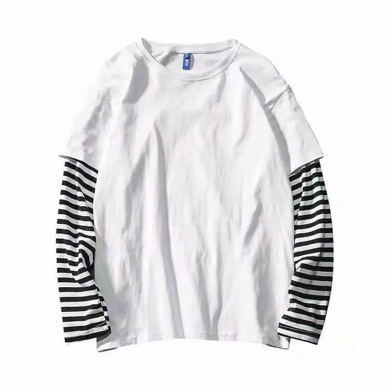 

Bottoming Shirt Couple Loose Long-sleeved Striped Casual Autumn Tops Men's Korean Version Fake Two-Piece Hoodies