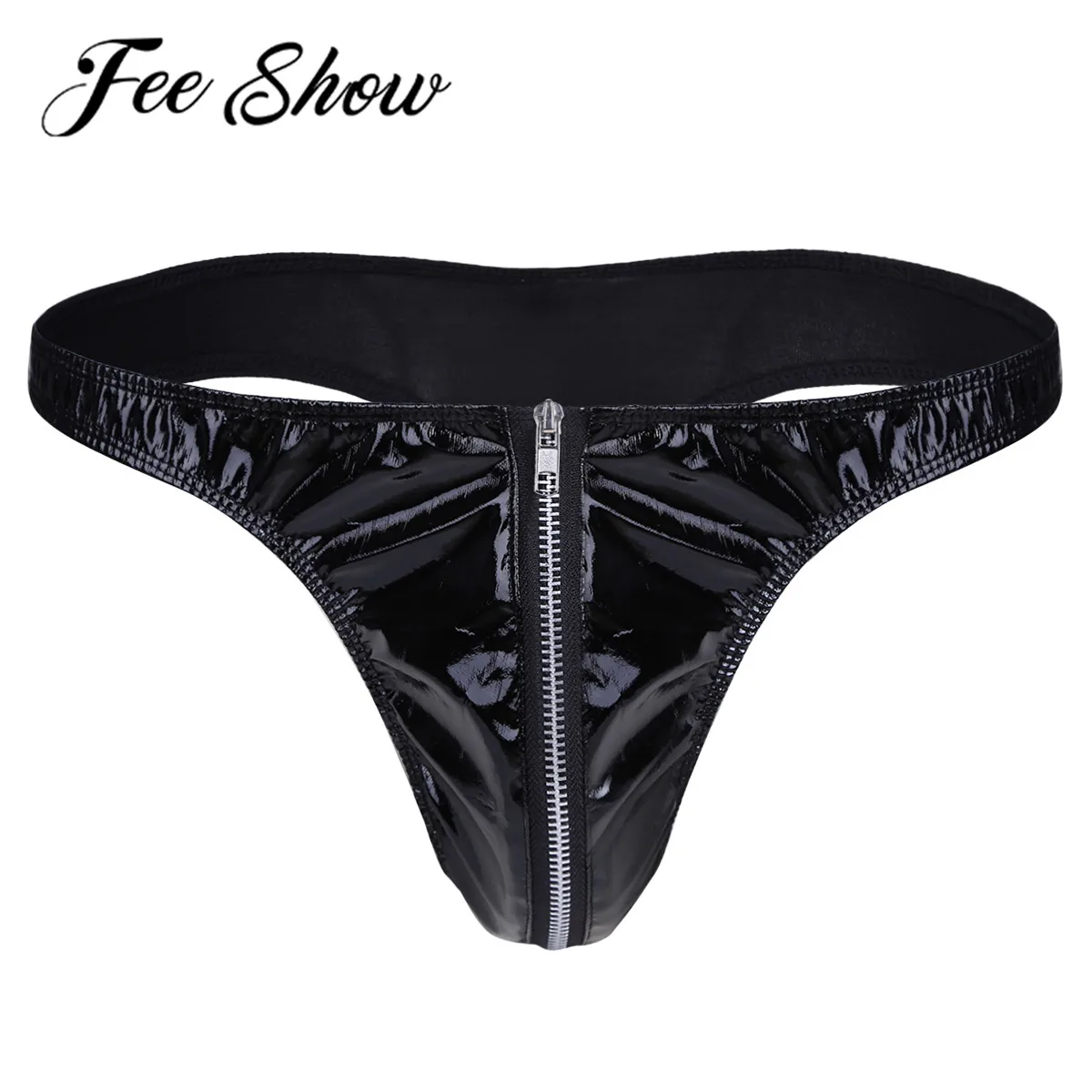 Сексуальные мужские трусы бикини размера плюс черные из лакированной кожи с