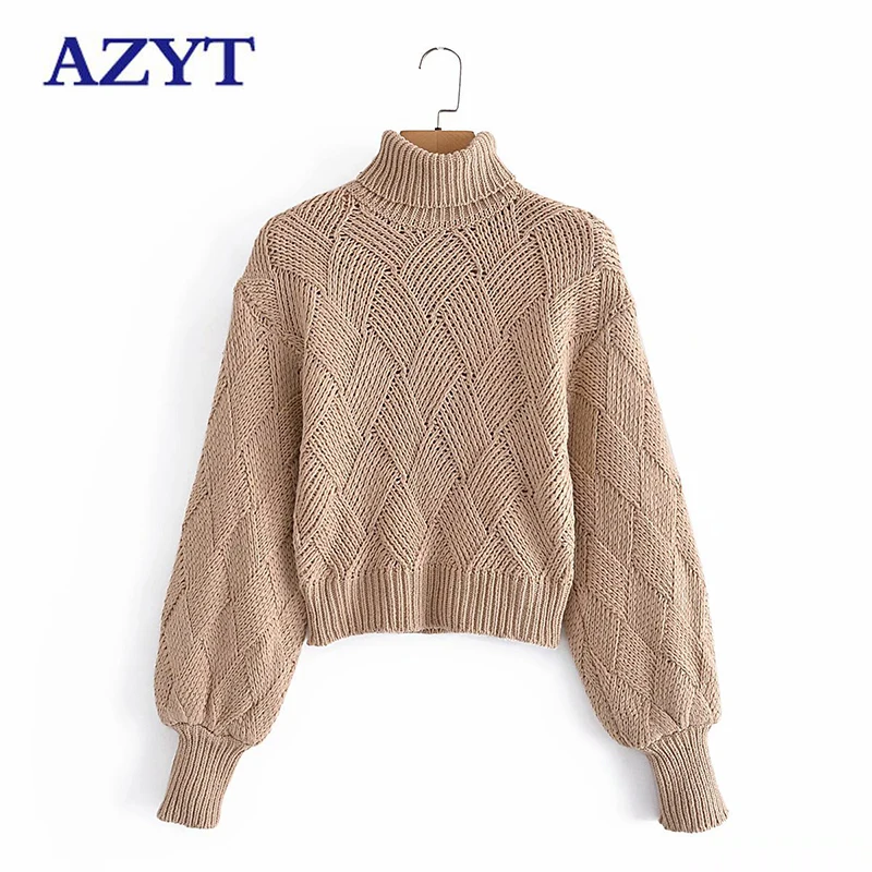 

Пуловер женский трикотажный AZYT, однотонный, с высоким воротником, зима 2021