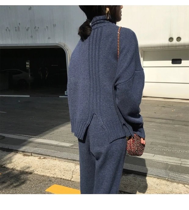 New arrival Autumn winter Knitted Tracksuit Turtleneck Sweatshirts for Women Suit Clothing 2 Pcs Set Knit top Pants suit Female