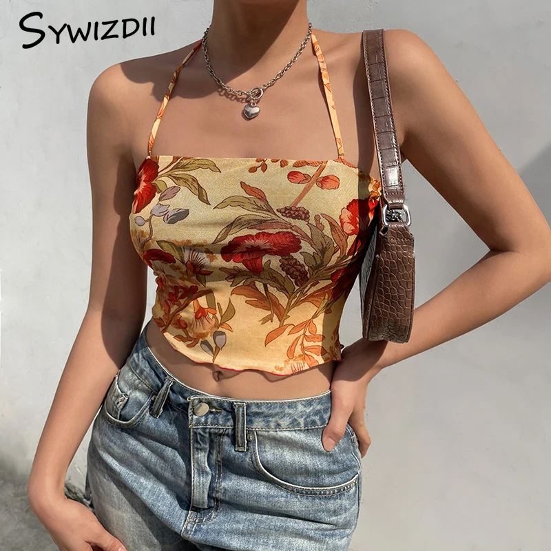 

SYWIZDII Floral Halter Tops Sexy Tanks Camis for Women 2021 Vintage Sheer Clothes Criss Cross Fishnet Shirt Corset 90s Clothes