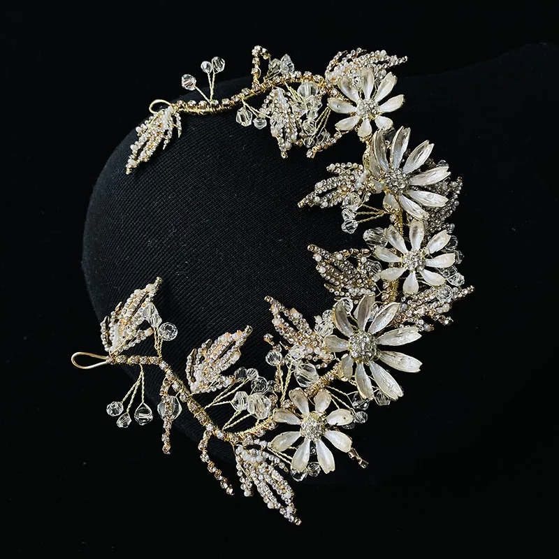 Цветами повязки на голову с листьями украшения для волос со стразами и жемчугом