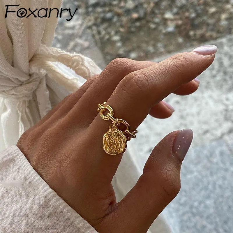 

FOXANRY 925 Sterling Silver Rings Fashion Vintage Couples Simple Hollow Chain Irregular Texture Pendant Party Jewelry for Women