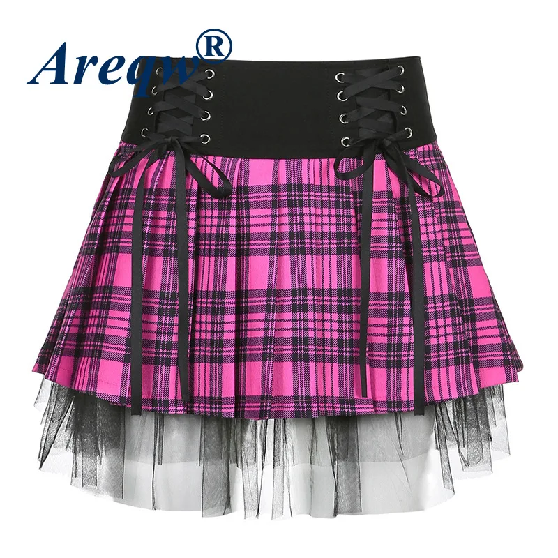 

Pleated Skirt Female 2021 New Female Skirt Lace Stitching Strap Waist Plaid Skirt