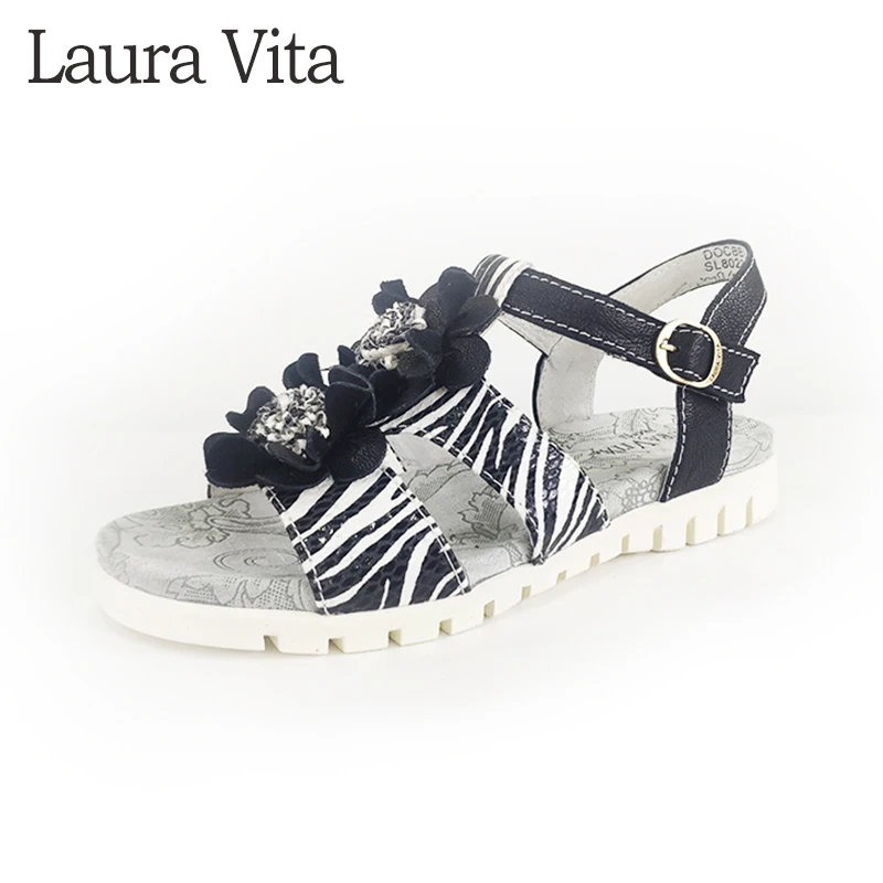 Women Sandals Genuine Leather Shoes Flat Base Black Zebra pattern Ladies Shoes...
