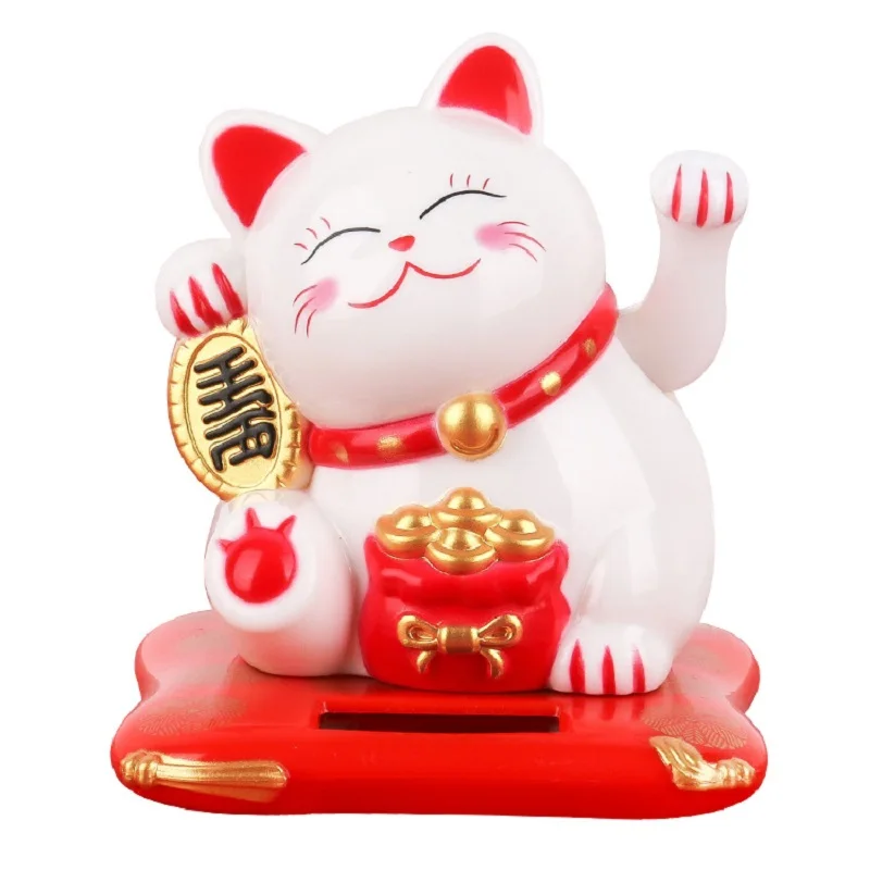 Cute Smiling Face Solar Power Lucky Cat Waving Paw Creative Feng Shui Car Ornament Gift | Figurines & Miniatures
