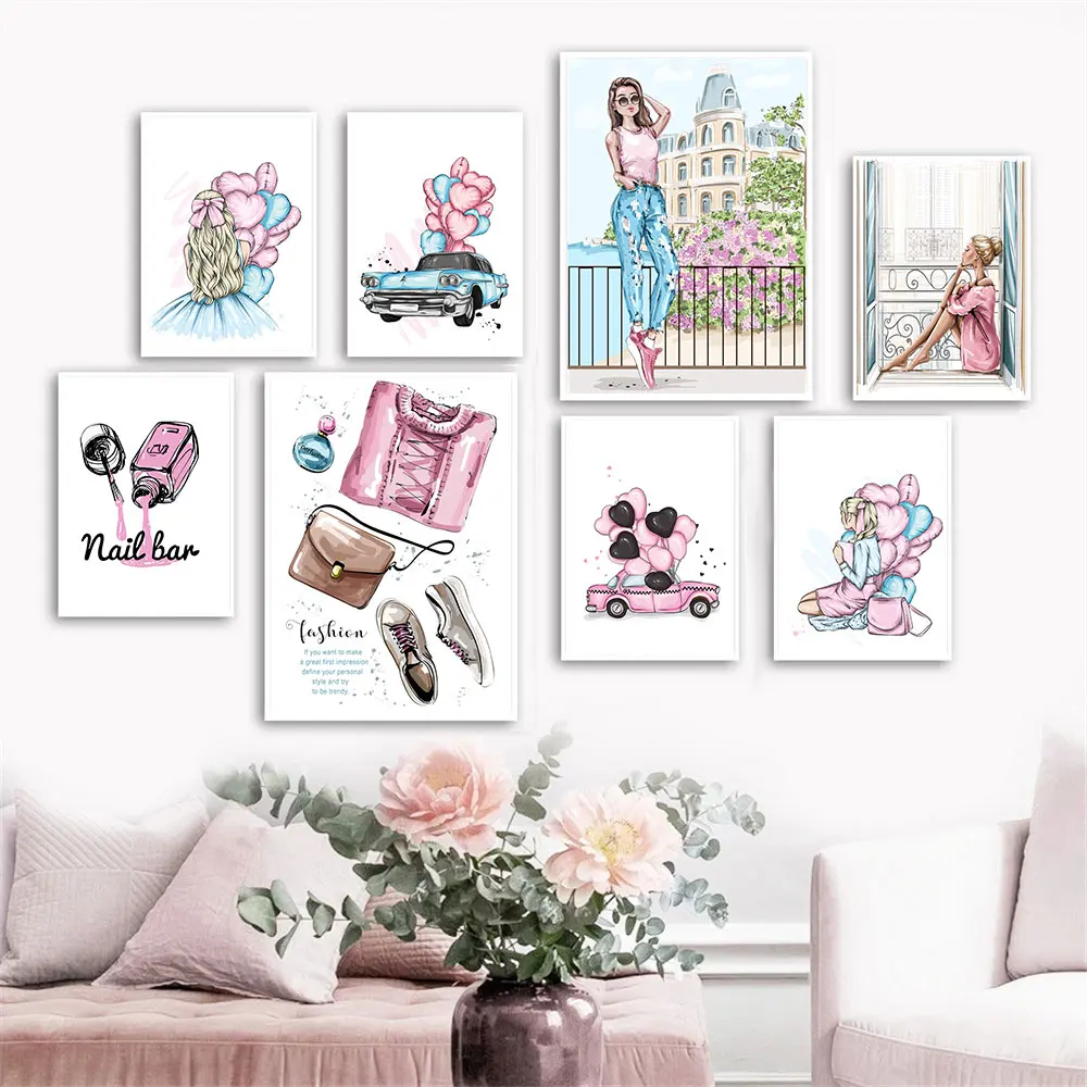 

Balloon Girl Wall Art Canvas Painting Nail Polish Perfume Poster Fashion Woman Print Modern Wall Pictures Living Room Home Decor