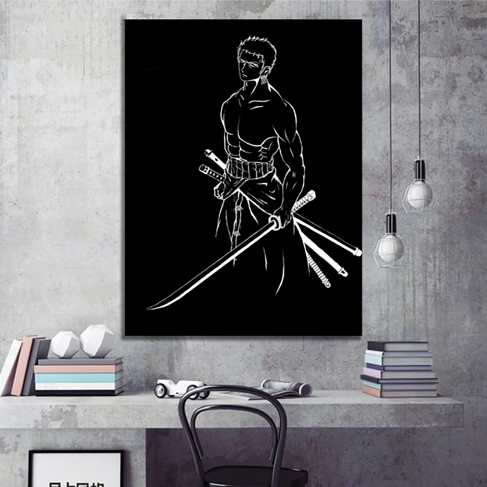 

Modular Canvas Painting Home Decor Pictures One Piece Black and White Roronoa Zoro Modern Printed Poster Japan Anime Wall Art