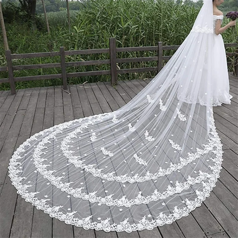 

Two Layers 400cm Long Wedding Veil with Lace Appliques Vestido De Noiva Longo Custom Made Elegant Bridal Veil with Comb