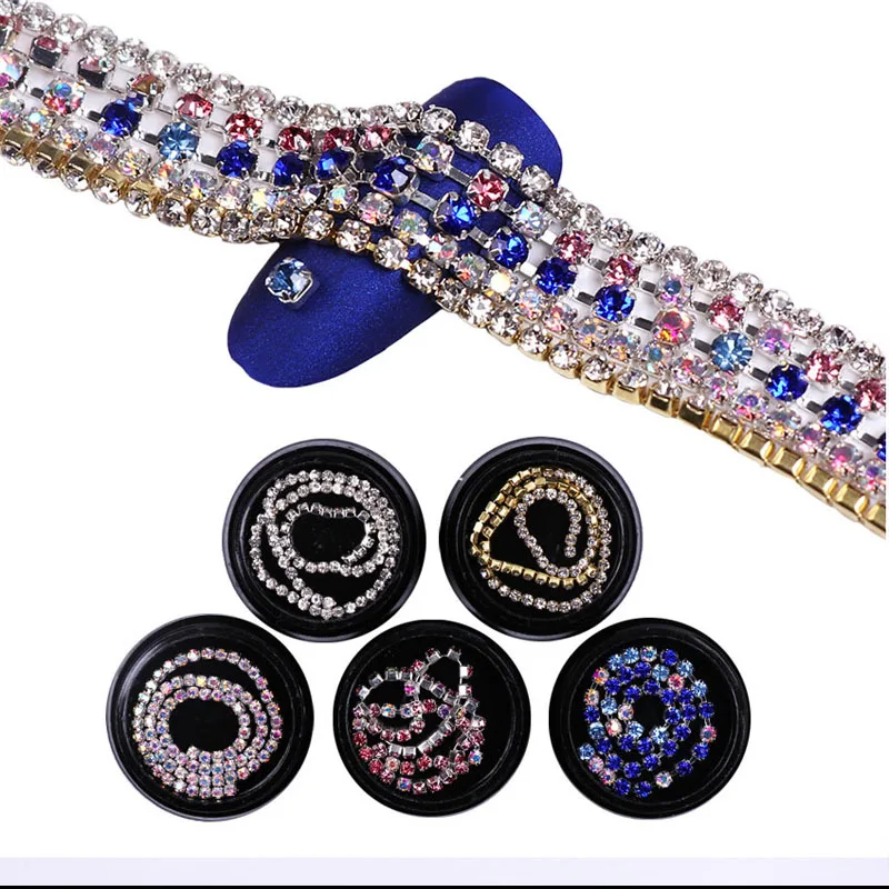 Плоские металлические бусины для ногтей 1 коробка цепочка кристаллы AB стразы