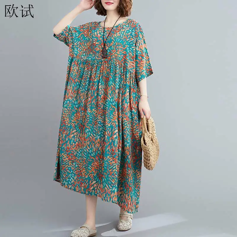 

Oversized Ladies Dresses for Women 2022 Summer Fashion Cotton Linen Dress Robe Loose Casual New Fashion Floral Print Long Dress