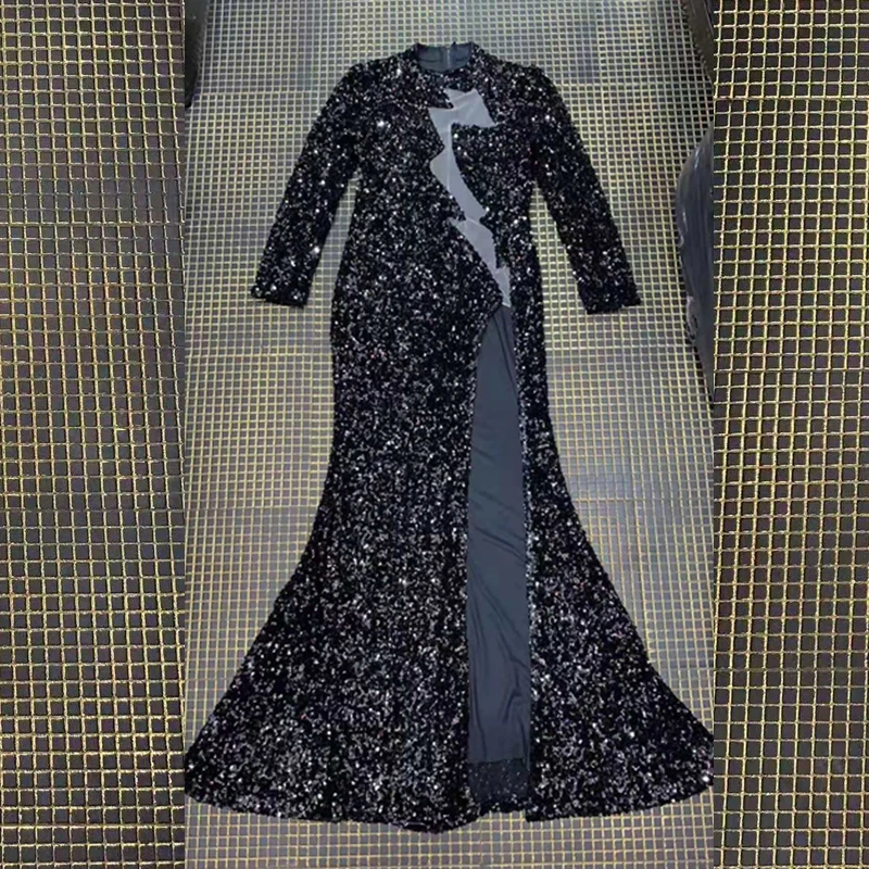 Женское длинное платье с блестками черное элегантное Сетчатое длинным рукавом и