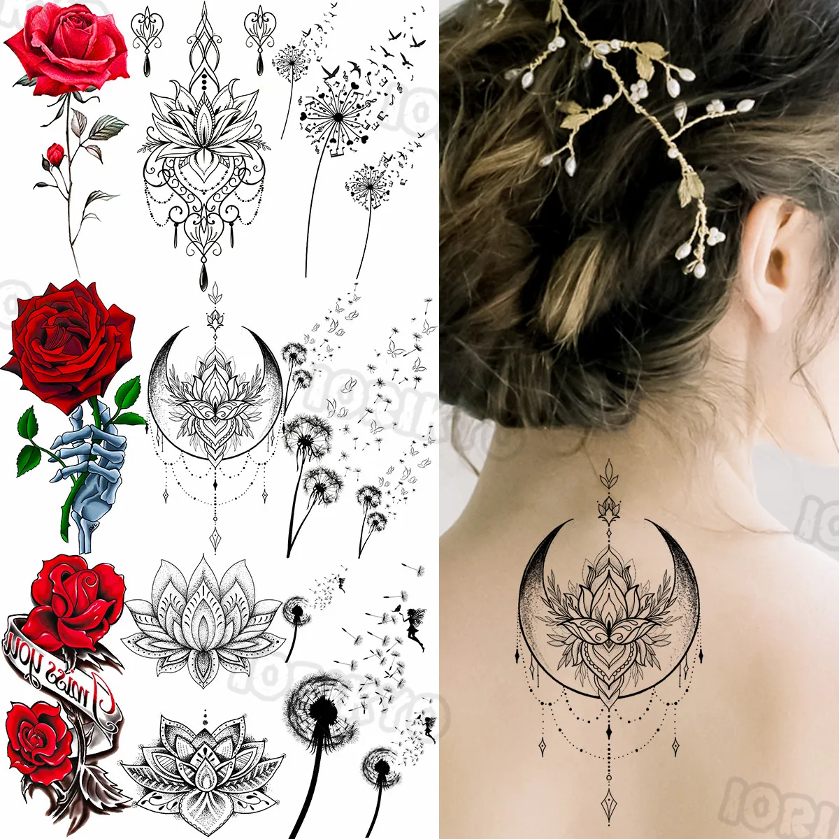 

Moon Black Henna Temporary Tattoos For Women Girls Realistic Dandelion Watercolor Rose Fake Tattoo Sticker Sexy Back Arm Tatoos
