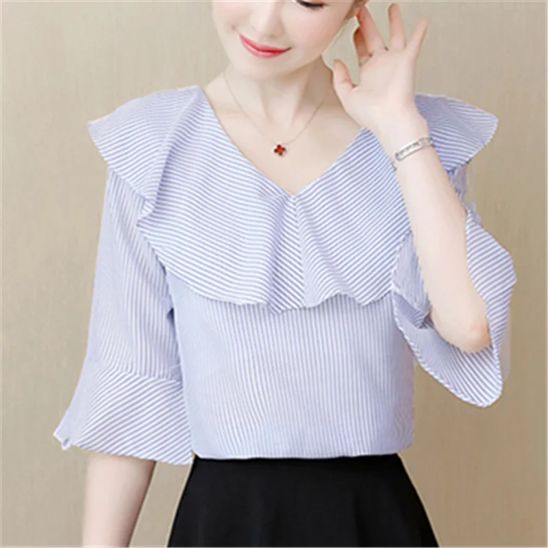 

Новинка 2019, модные женские блузки с длинным рукавом, рубашки с V-образным вырезом, повседневные блузки