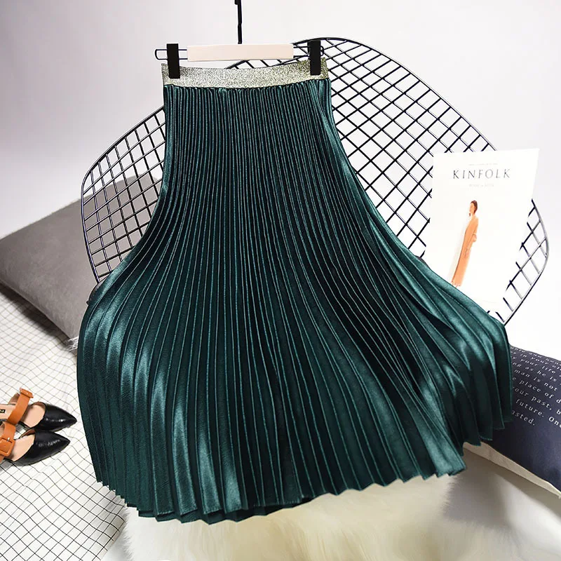 

2020 Spring Elegant Pleated Elastic Waist Women Long Female Autumn Ladies High Quality Midi Skirt Saia