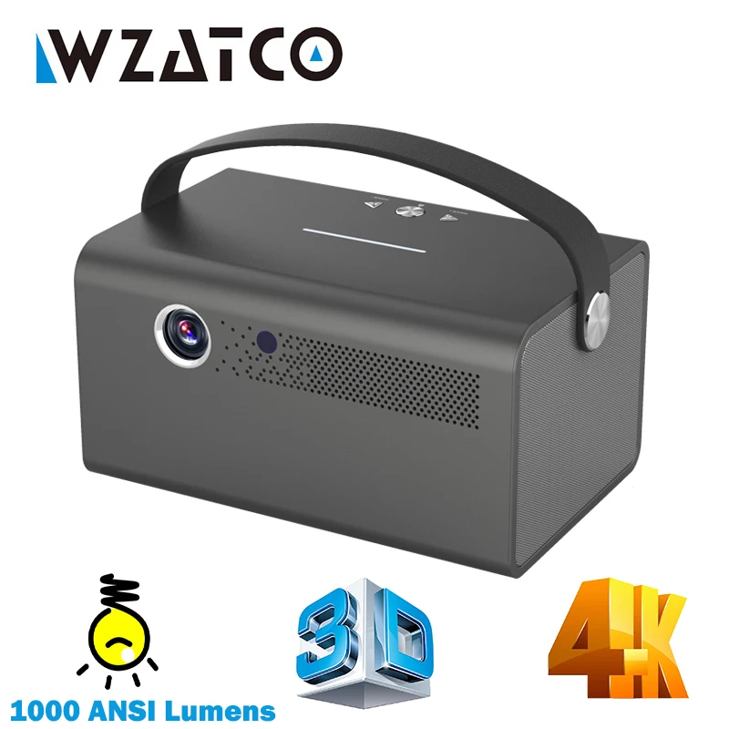 Wzatco Bluetoothを搭載したポータブル3dミニプロジェクター 300インチのインテリジェントデバイス 1000ルーメン Dlp Android Wi Fi ホームシアターディスプレイ Leather Bag
