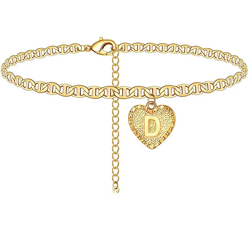 

New Heart Design A-Z Initial Letter Anklets For Women Barefoot Beach Gold Color Alphabet Anklet Bracelet Women Foot Jewelry