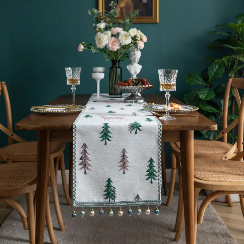 

Christmas Color Contrast Table Runner Decoration TV Cabinet Pine Deer Jacquard Modern Runners Tea Burlap Dining Home Textile