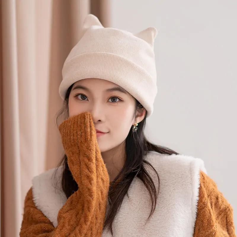 Шерстяные шапки в новом стиле вязаная шапка для женщин с небольшими ушками милые