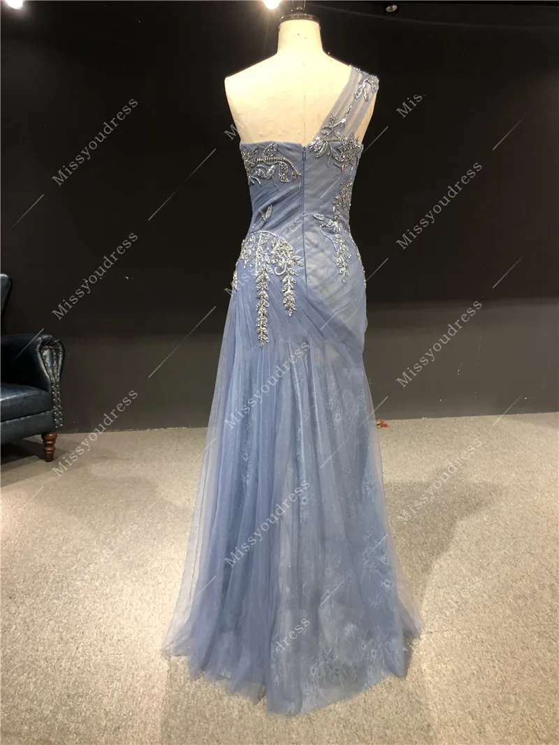 2021 Real Sample Luxurious Blue Pleat Beads Sleeveless Side Split Floor Length Formal Prom Party Dancing Bridal Evening Dress