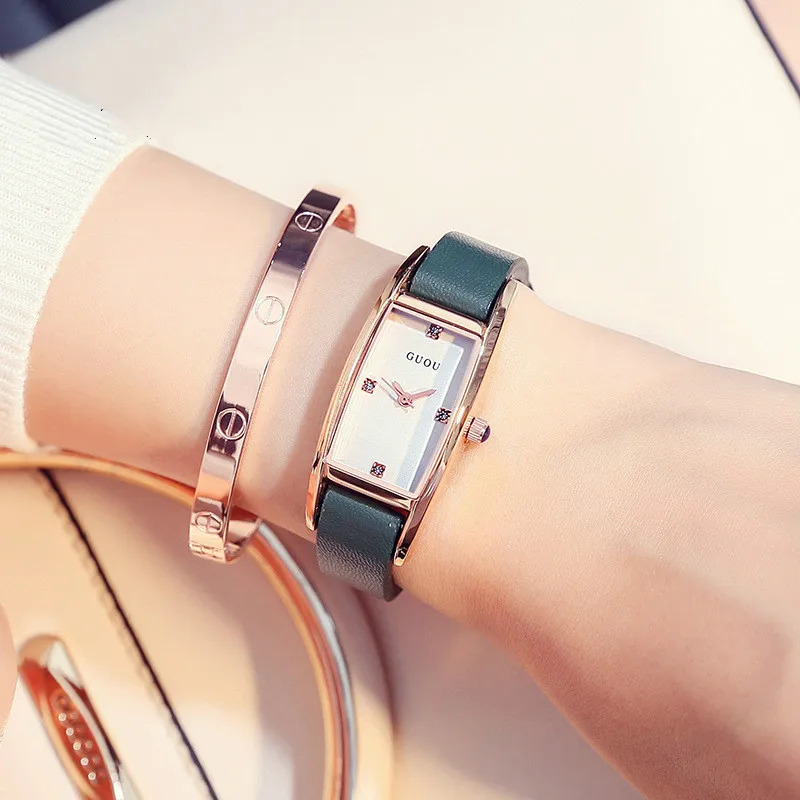 Fashion Genuine Leather Band Women Watches Dress Rectangular Quartz Wristwatch Rhinestone Scale Watch Women Luxury Reloj Mujer