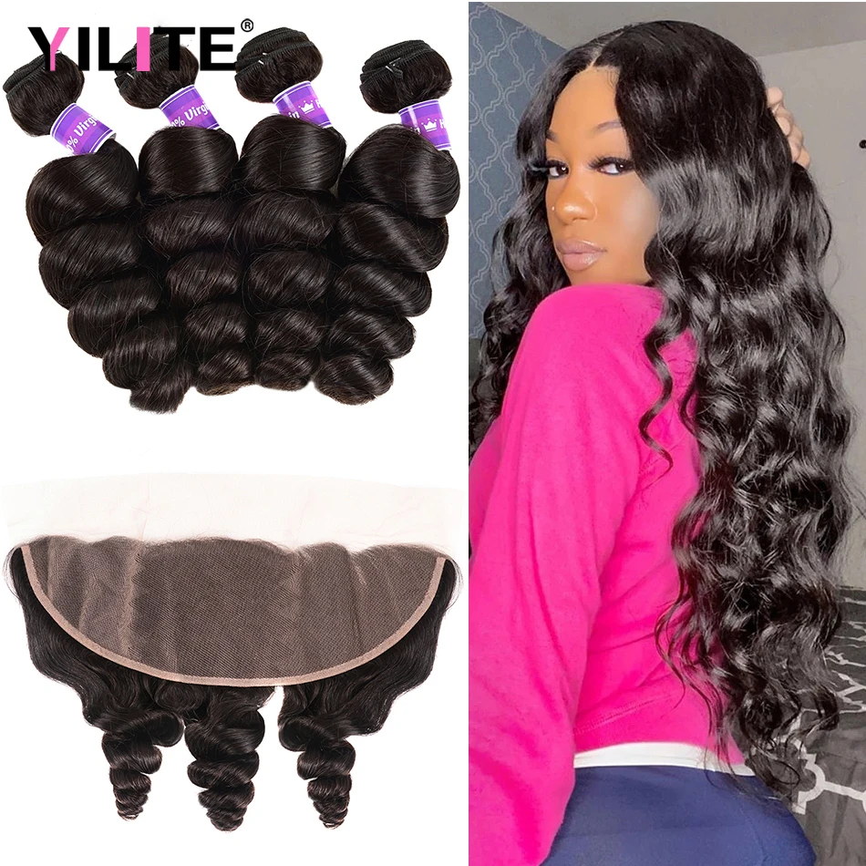 

30 дюймовые волнистые человеческие волосы, пряди с фронтальным натуральным черным 13x4 швейцарским фронтальным шнурком HD с сделками в связке, ...