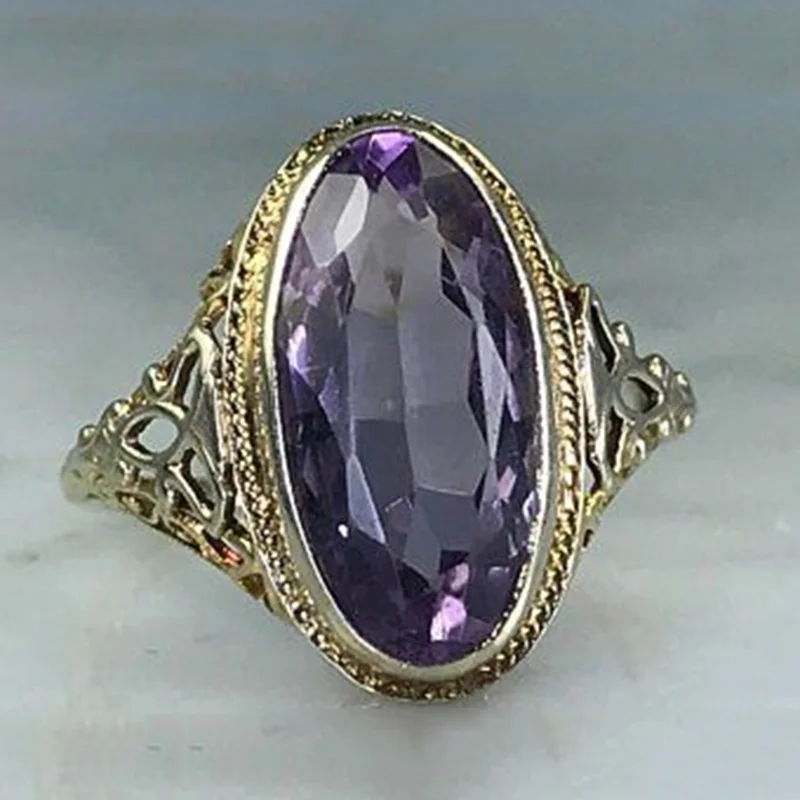 

Vintage Palace Style Antique Gold Color Big Purple Oval Crystal Shaped Finger Ring for Women Party Causal Daily Life Jewelry