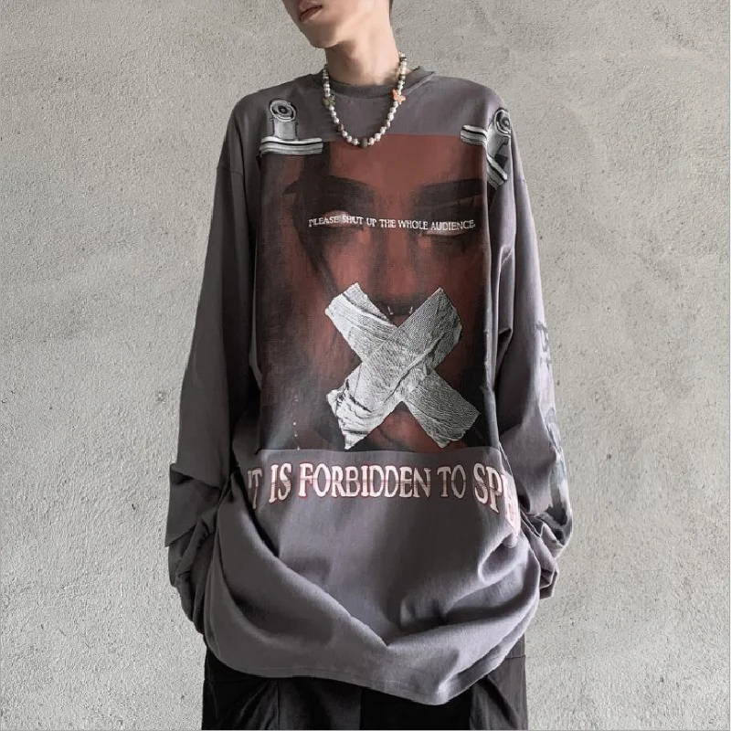 

2021 new high street men's fashion trend hip-hop style portrait printing long-sleeved T-shirt for men and women loose dark black