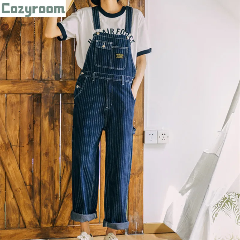 

Vintage Primary Color Denim Overalls Railway Vertical Stripes Tooling Suspenders Casual Pants for Men and Women