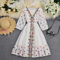 vintage cotton embroidery floral casual loose lace up boho beach mini dress women 2022 summer sexy bandage waistband party dress
