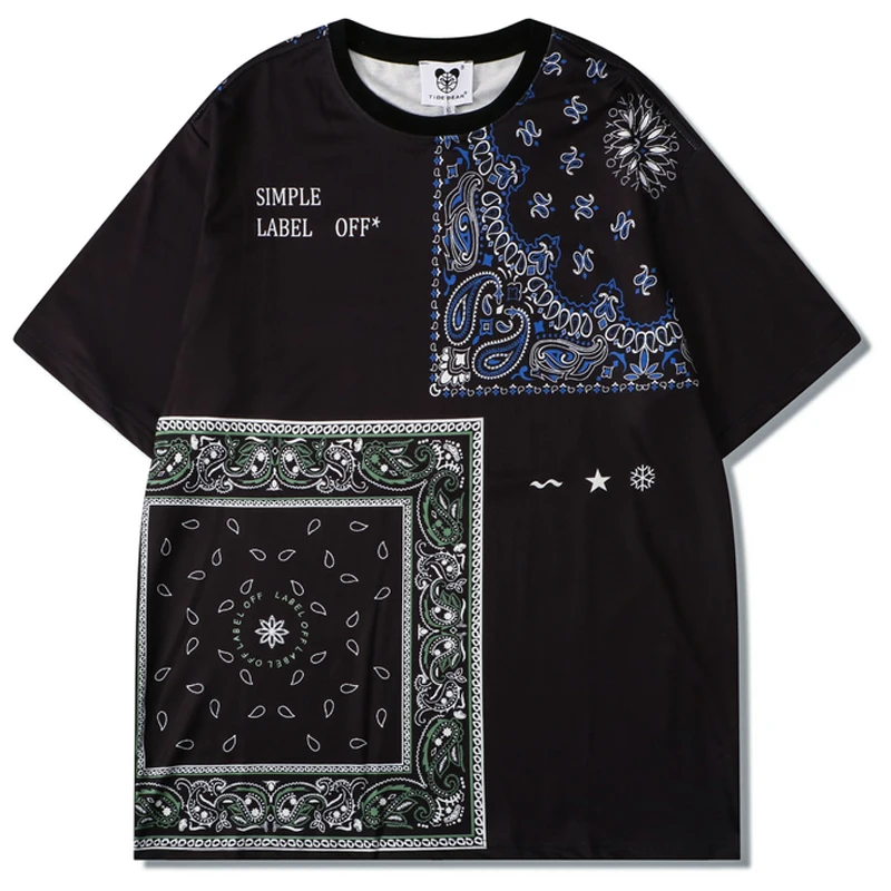 

Mens Paisley Patchwork Print T Shirt Unisex Short Sleeve t shirts Summer Oversized T-shirt O-neck Loose Black Retro Tops Tees