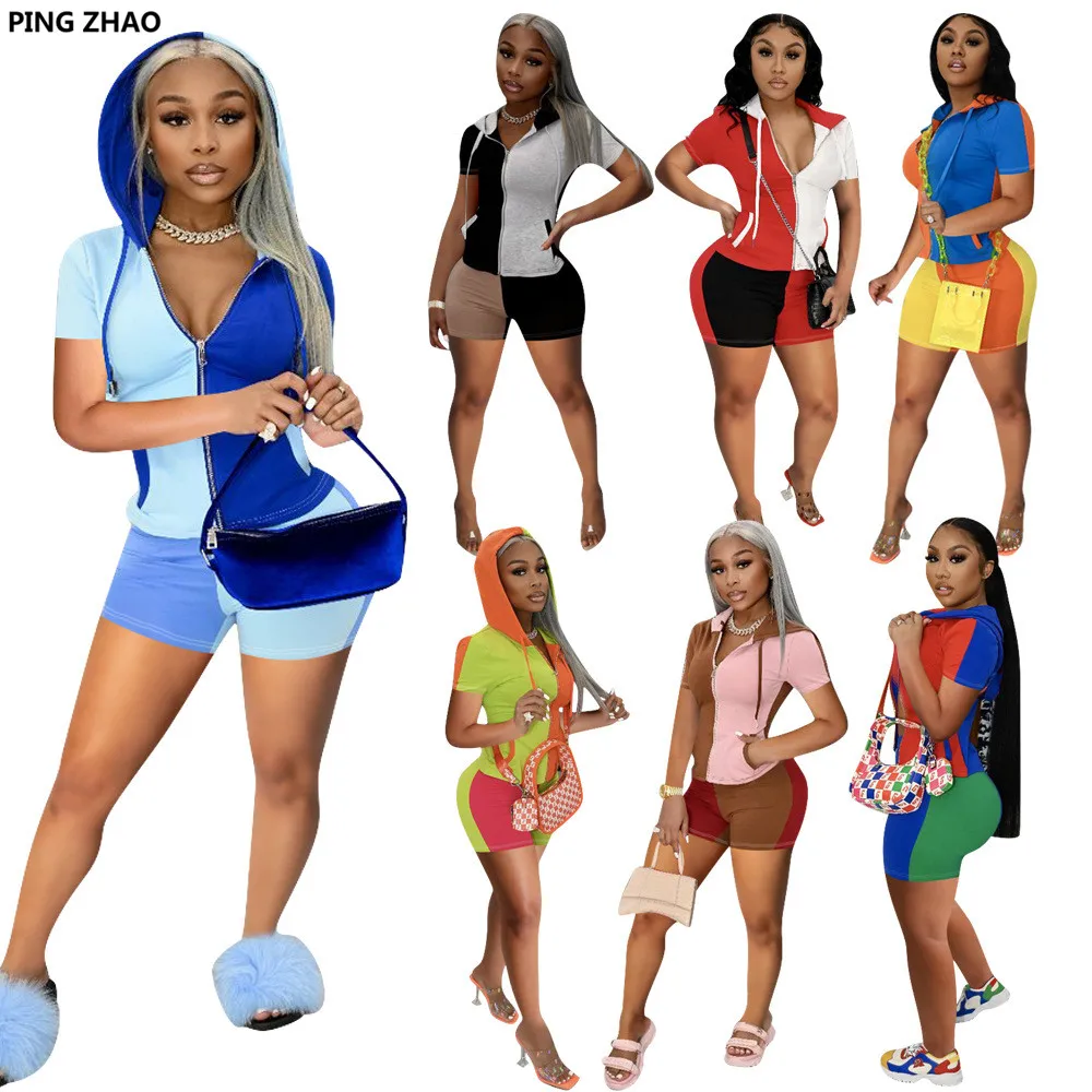

PING ZHAO Summer Tracksuit Women Short Sleeve Hood Tops+ Short Pants Set Casual Sport Two Piece Outfit Female