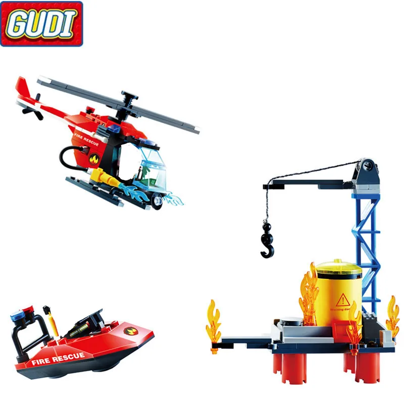 

Fire Rescue Blocks Toys for Children Educational Assembled Model Helicopter Ship Building Kits Block Toy Boy Kid Brinquedos 9211