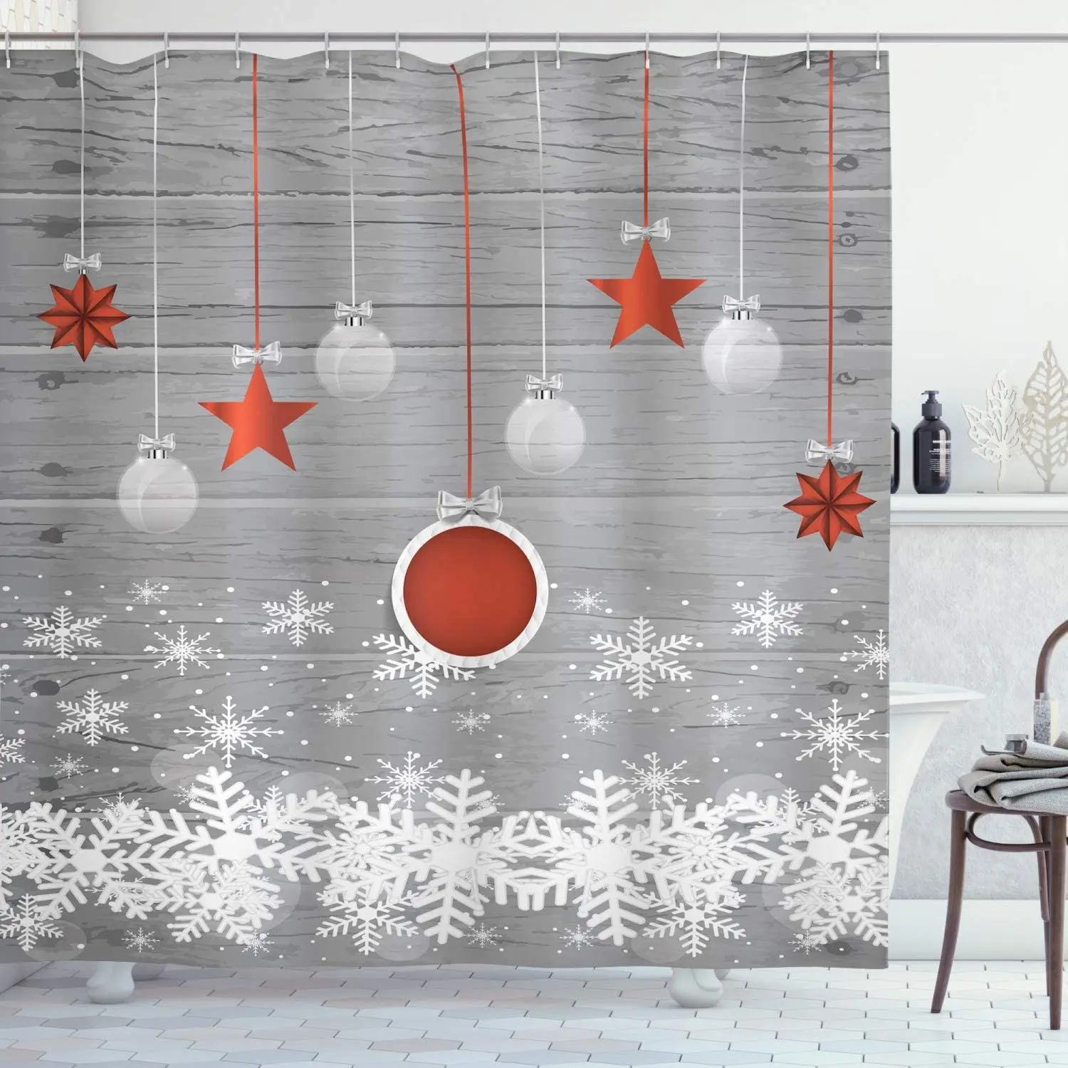 

Christmas Shower Curtains Cloth Washable Fabric Xmas Bathroom Decor Set with Hooks Pendant Stars Baubles Bathtub Home Decor
