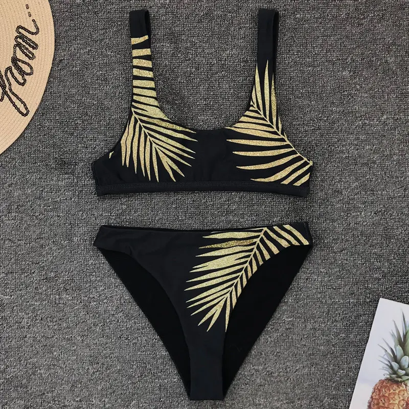Женский купальник с принтом золотых листьев привлекательный комплект бикини
